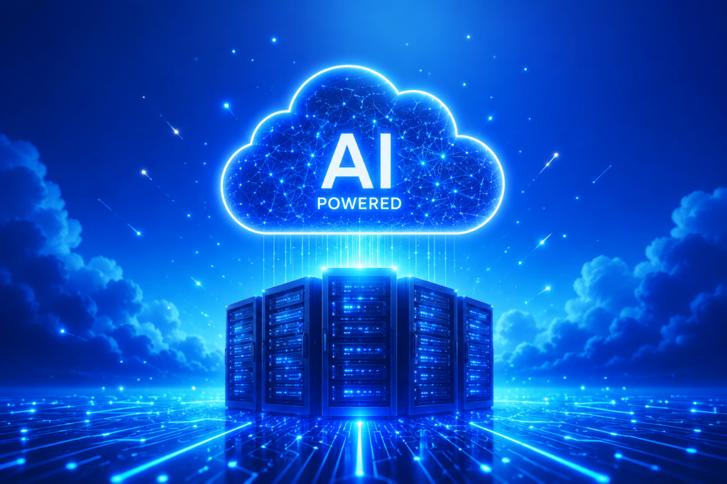 cloud server with AI sparks, blue gradient