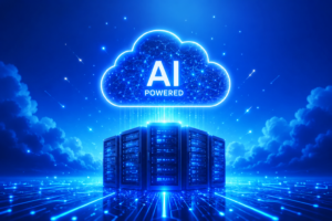 cloud server with AI sparks, blue gradient