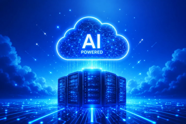 cloud server with AI sparks, blue gradient