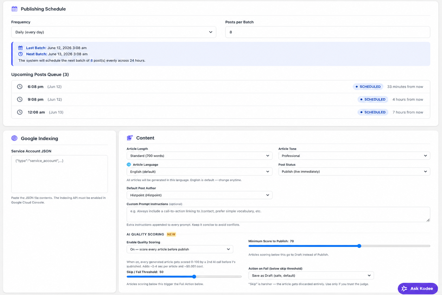 Every article scored 0–100 before it goes live.